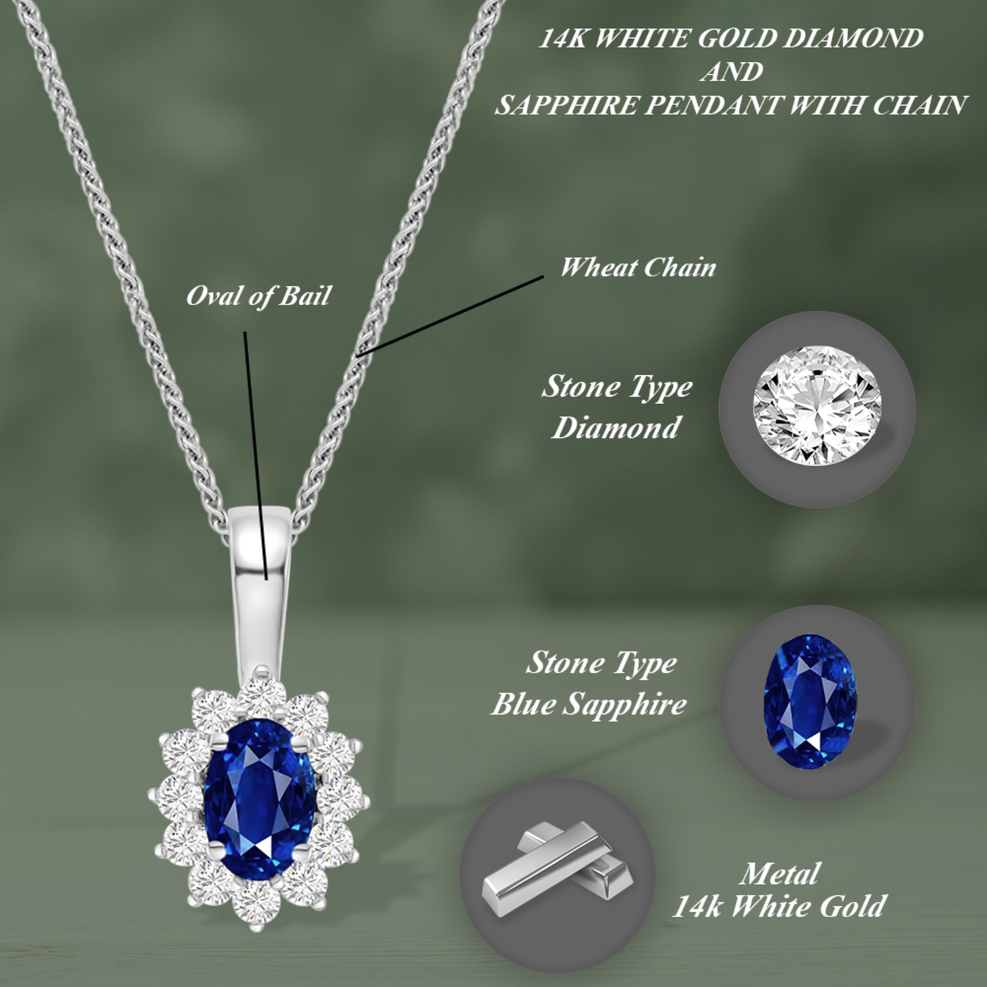 1.26 ctw Oval Blue Sapphire and Diamond Pendant in 14K Yellow Gold with A 16 inch 14K Yellow Gold Chain