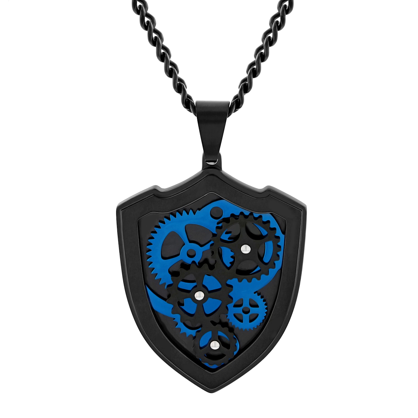 Two-Tone Stainless Steel Gear and Shield Pendant