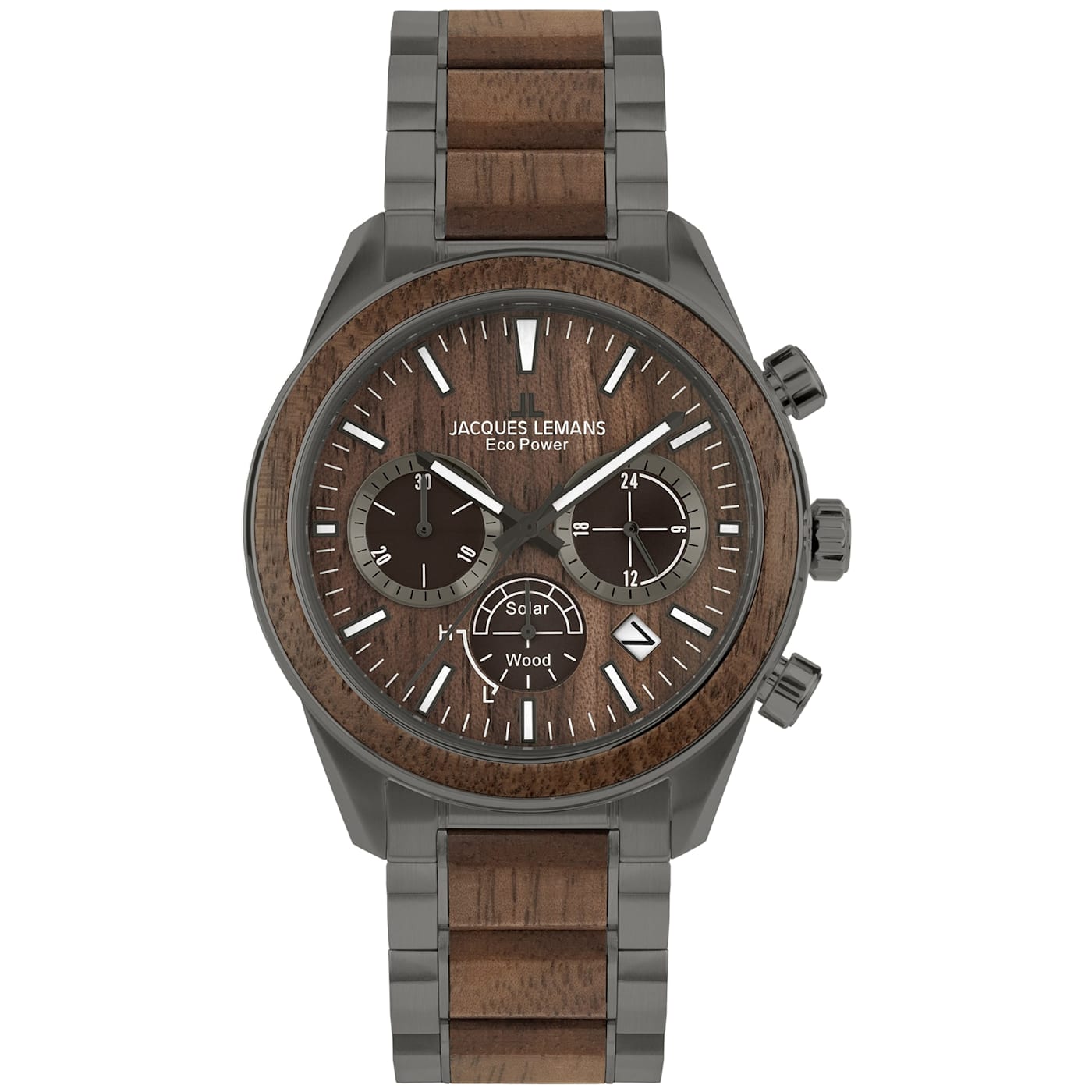 JACQUES LEMANS Eco Power Men's Watch with Stainless Steel/Wood Inlay Strap  Gray, Chronograph 1-2115 - 1BY38A