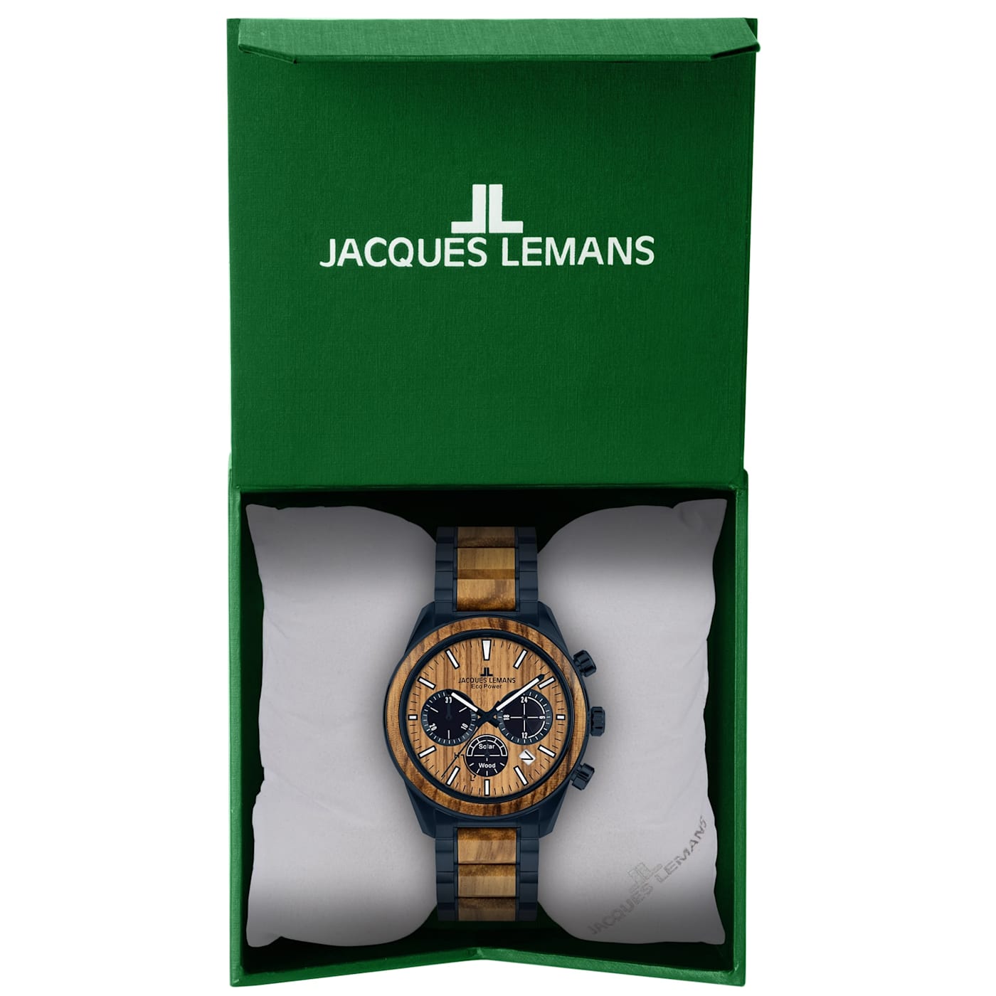 JACQUES LEMANS Eco Power Men\'s Watch w/Stainless Steel/Wood Inlay Strap  Blue, Chronograph 1-2115 - 12KT3A