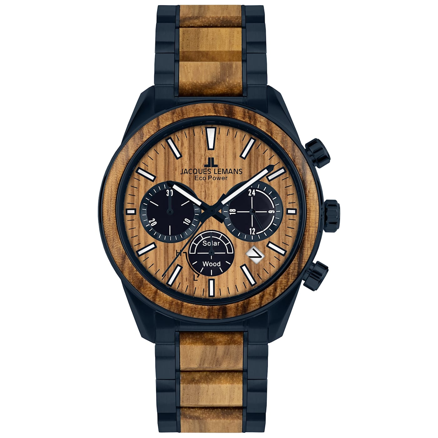 JACQUES LEMANS Eco Power Men\'s Watch w/Stainless Steel/Wood Inlay Strap  Blue, Chronograph 1-2115 - 12KT3A | Solaruhren