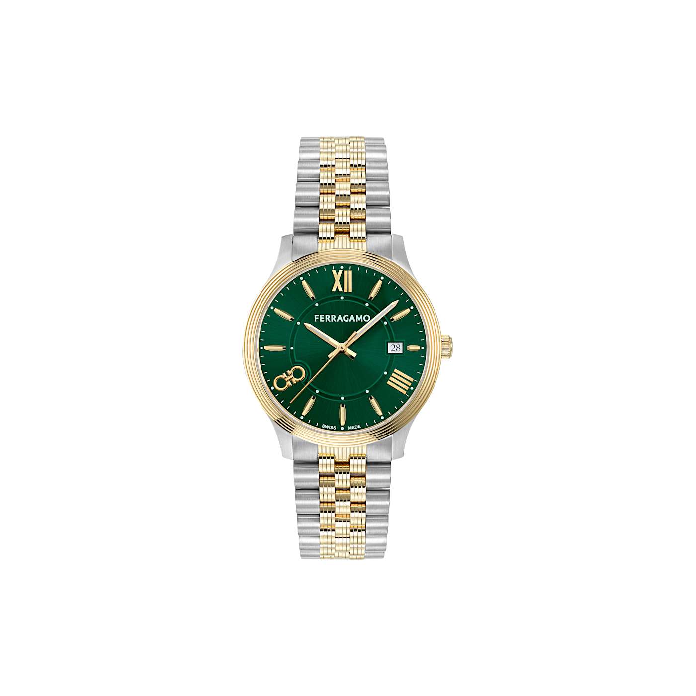 腕時計その他 Ferragamo Two-Tone Bracelet Watch With Green Guilloche Dial Ferragamo Two-Tone Bracelet Watch With Green Guilloche Dial