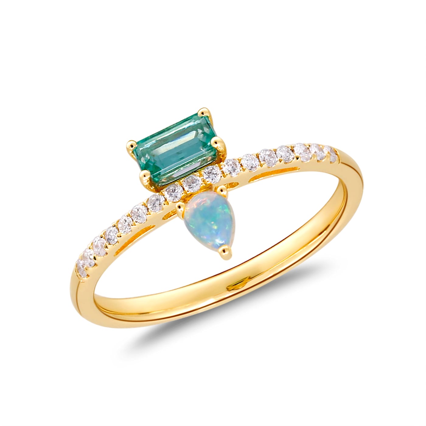 Gin and Grace 14K Yellow Gold Natural Zambian Emerald, Ethiopian Opal Ring  with Real Diamonds