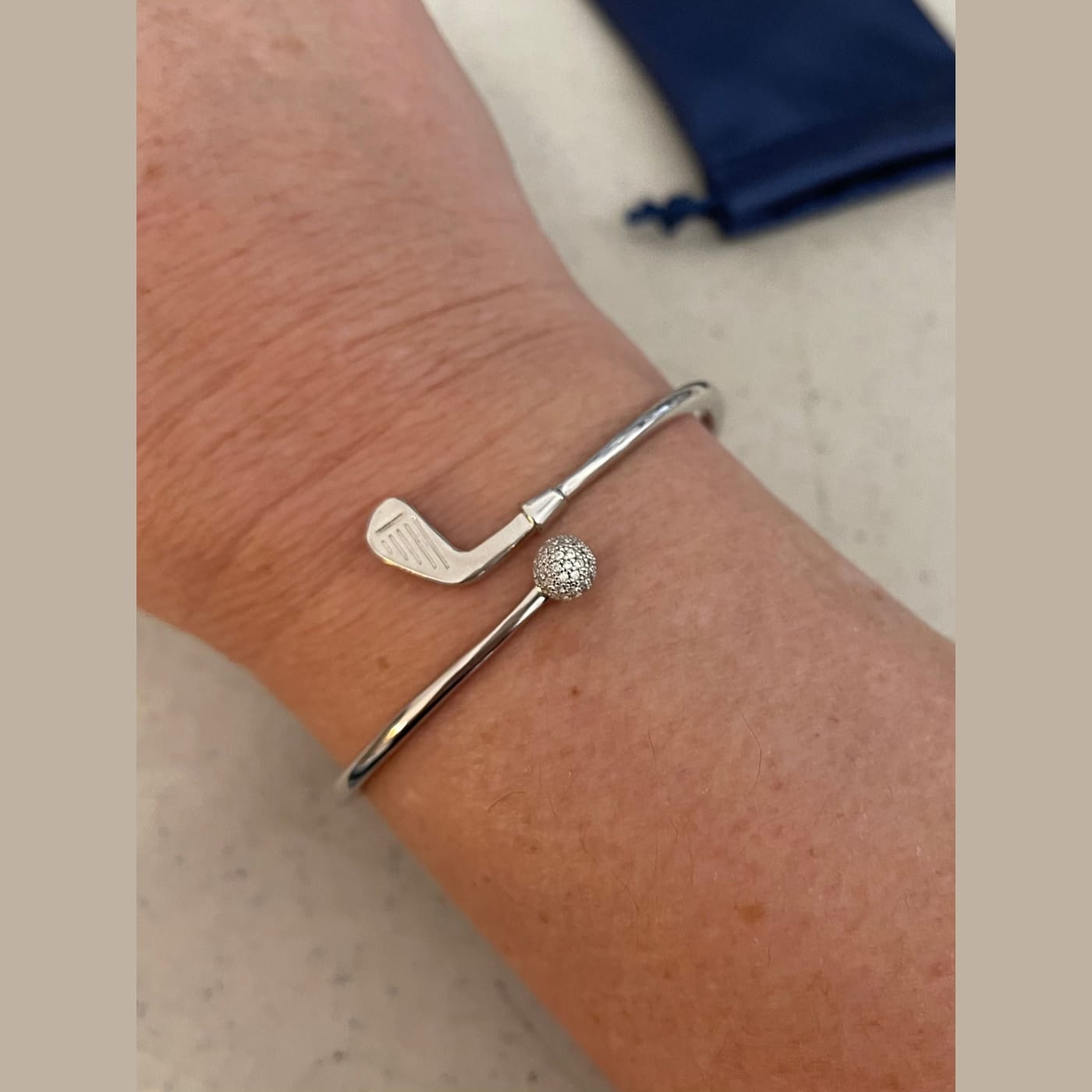 Sterling Silver Golf Club and Ball Bangle Bracelet with Crystal