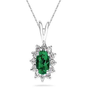 7X5mm Oval Shaped Emerald and Diamond Flower Pendant in 14k White Gold