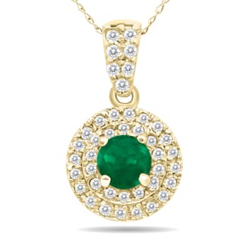 3/4 Carat TW Double Halo Emerald And Diamond Pendant in 10K Yellow Gold
