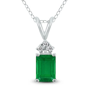 14K White Gold 6x4MM Emerald Shaped Emerald and Three Stone Diamond Pendant