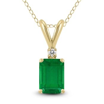 14K Yellow Gold 6x4MM Emerald Shaped Emerald and Diamond Pendant