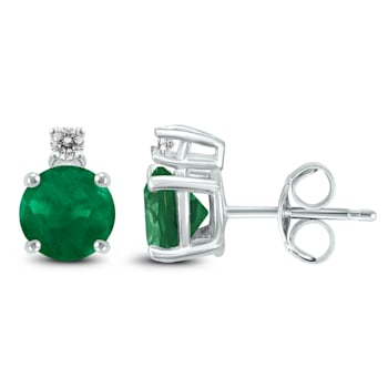 14K White Gold 5MM Round Emerald and Diamond Earrings