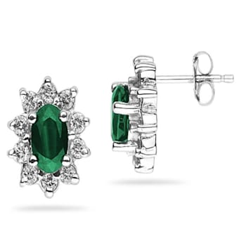 6X4mm Oval Shaped Emerald and Diamond Flower Earrings in 14K White Gold