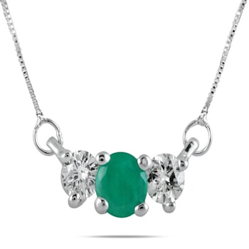 Emerald and Diamond Three Stone Pendant in 14K White Gold