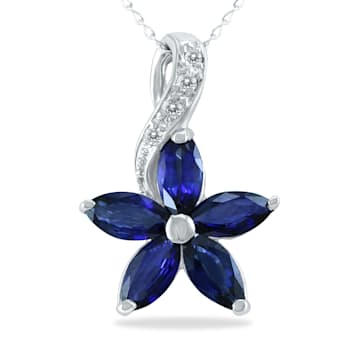 Sapphire and Diamond Flower Pendant in 10k White Gold