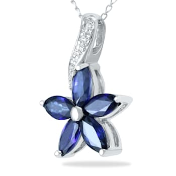 Sapphire and Diamond Flower Pendant in 10k White Gold