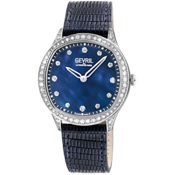 Gevril Women's Morcote Swiss Diamond Watch, 316L SS/ Case, Blue MOP,
Genuine Italian Leather Strap