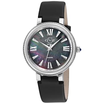 GV2 Women's Genoa Black MOP Dial, Stainless Steel Diamond Watch with
Leather Strap