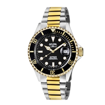 Gevril Men's Wall Street Black Dial Two Tone IP Gold Stainless Steel
Bracelet Watch