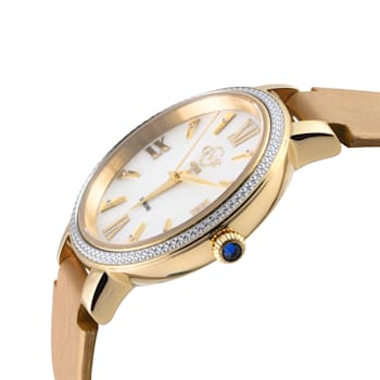 GV2 Women's Genoa White MOP Dial, Stainless Steel Diamond Watch with
Leather Strap