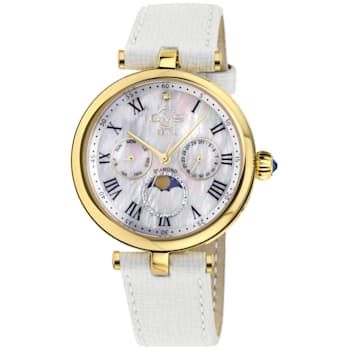 GV2 Florence Women's Mother of Pearl Dial Diamond Cut Ring, White
Leather Strap Watch