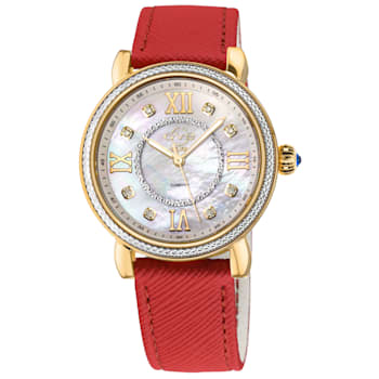 GV2 Womens Marsala Diamond Watch, Genuine Red Saffiano Vegan Leather Strap