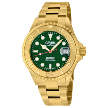 Gevril Men's Wall Street Green Enamel Dial, IPYG Bezel, IPYG Stainless
Steel Bracelet Watch.