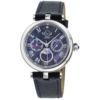 GV2 Florence Women's Blue Mother of Pearl Diamond Cut Dial Blue Leather
Strap Watch