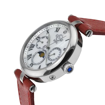 GV2 Florence Women's Mother of Pearl Dial Diamond Cut Ring, Red Leather
Strap Watch