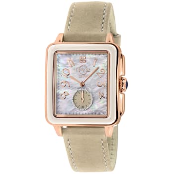 GV2 Bari White Enamel White MOP Dial Diamond Watch, Genuine Brown
Leather Strap