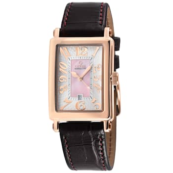 Gevril Ave of Americas Mini Women’s Rose SS Case, Pink MOP Dial
Watch,Genuine Burgundy Leather Strap