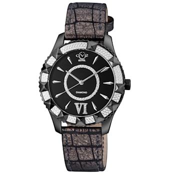 GV2 By Gevril Women's Venice 39mm Black Dial Black IP Diamond Wristwatch