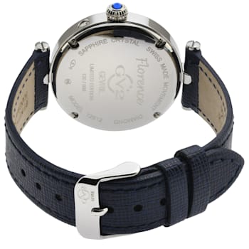 GV2 Florence Women's Blue Mother of Pearl Diamond Cut Dial Blue Leather
Strap Watch