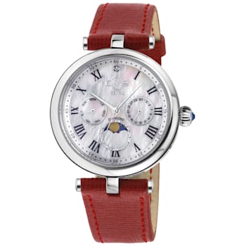 GV2 Florence Women's Mother of Pearl Dial Diamond Cut Ring, Red Leather
Strap Watch