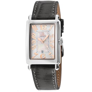 Gevril Ave of Americas Mini Women’s SS Case,White MOP Dial Watch,
Charcoal Handmade Leather Strap