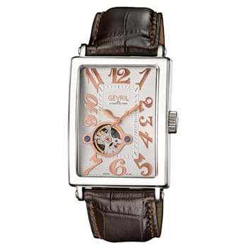 Gevril Men's  Avenue of Americas Intravedere White Dial Genuine Dark
Brown Leather Watch