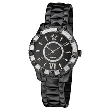 GV2 By Gevril Women's Venice 39mm Black Dial Black IP Diamond Wristwatch