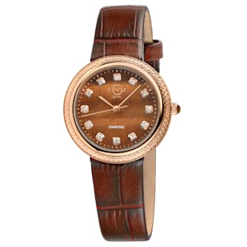 GV2 Arezzo Women's Diamond Watch, Genuine Italian Handmade Brown Leather Strap