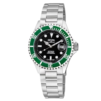 Gevril Men's Wall Street black Dial Green Bezel Stainless Steel Bracelet