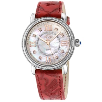 GV2 Womens Marsala 316L Stainless Steel Case, White MOP Dail, Genuine
Red Embossed Leather Strap.