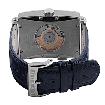 Gevril Men's Avenue of Americas Serenade Silver Dial Leather Watch, Navy
blue leather strap