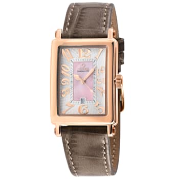 Gevril Ave of Americas Mini Women’s Rose SS Case, Pink MOP Dial Watch,
Genuine Tan Leather Strap.