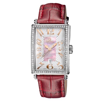Gevril Women's Avenue of Americas Glamour MOP Dial Red Leather Strap Watch