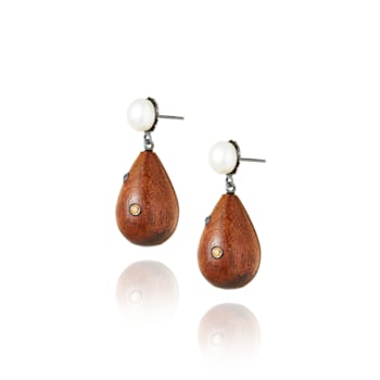 MCL Design Sapphire Pearl Wood Drop Earrings