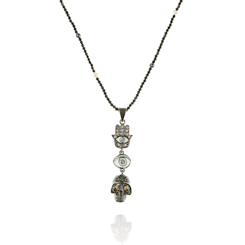 MCL Design Hamsa-Eye-Skull Sapphire & Pearl Beaded Necklace