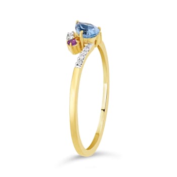 10Kt Yellow Gold Blue Topaz, Amethyst & Diamond  Ring
