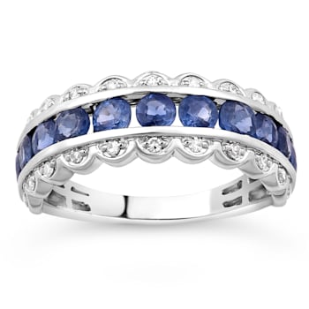 14K White Gold, 1.5ctw Blue Sapphire & 0.12ctw Diamond Band Ring