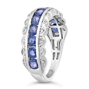 14K White Gold, 1.5ctw Blue Sapphire & 0.12ctw Diamond Band Ring