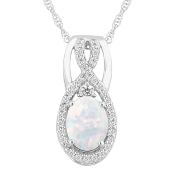 Sterling Silver, Created Opal and Created White Sapphires Pendant with
18"  Rope Chain