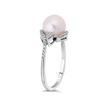 10kt White Gold 8mm Round Freshwater Pearl & Diamond Ring