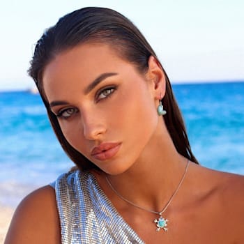 Larimar Heart Dangling Rhodium Over Sterling Silver Fishhook Earring