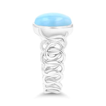 Oval Larimar Rhodium Over Sterling Silver Chain Shank Ring