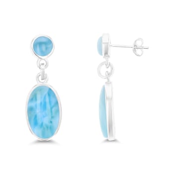 5mm Rd & 14x8mm Oval Larimar Rhodium Over Sterling Silver Dangling Earring